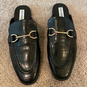 Steve Madden Black Crocodile Mules with Gold Horse Bit Detail